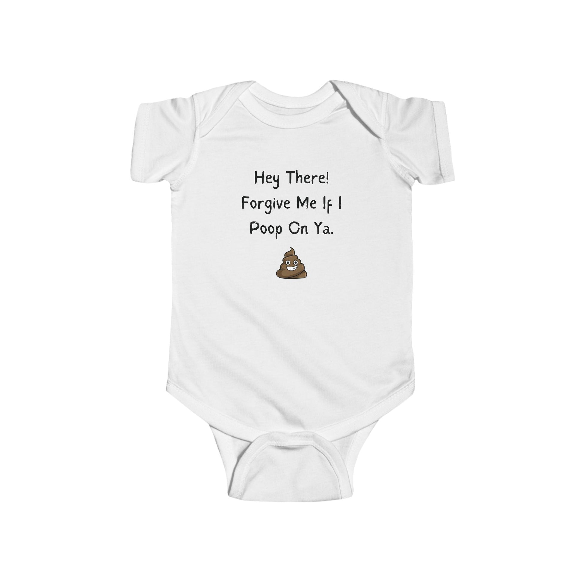 funny baby onesie that says forgive me if I poop on ya - baby bodysuit - funny baby clothes - white onesie - laughable-xpense.com