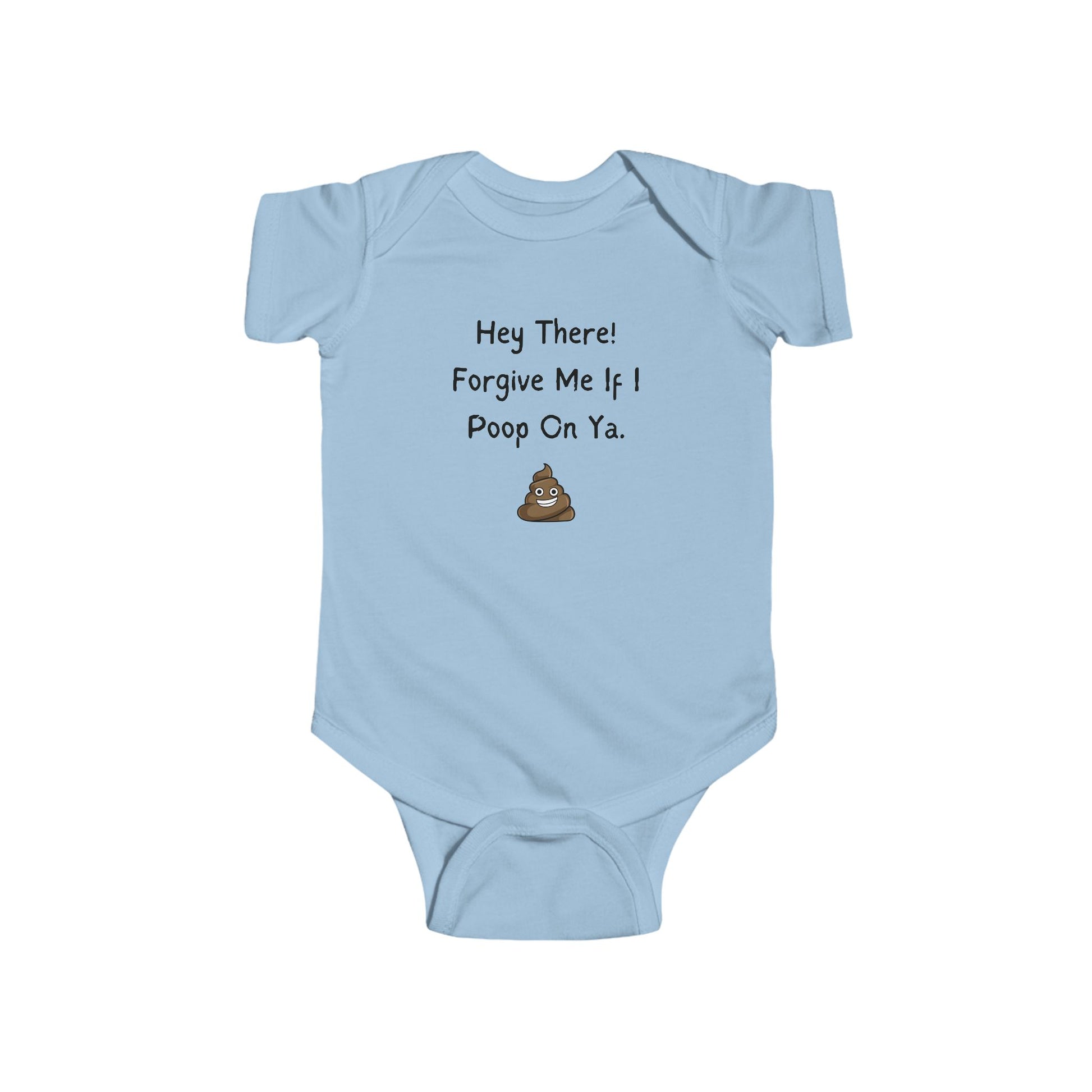 funny baby onesie that says forgive me if I poop on ya - baby bodysuit - funny baby clothes - blue onesie - laughable-xpense.com