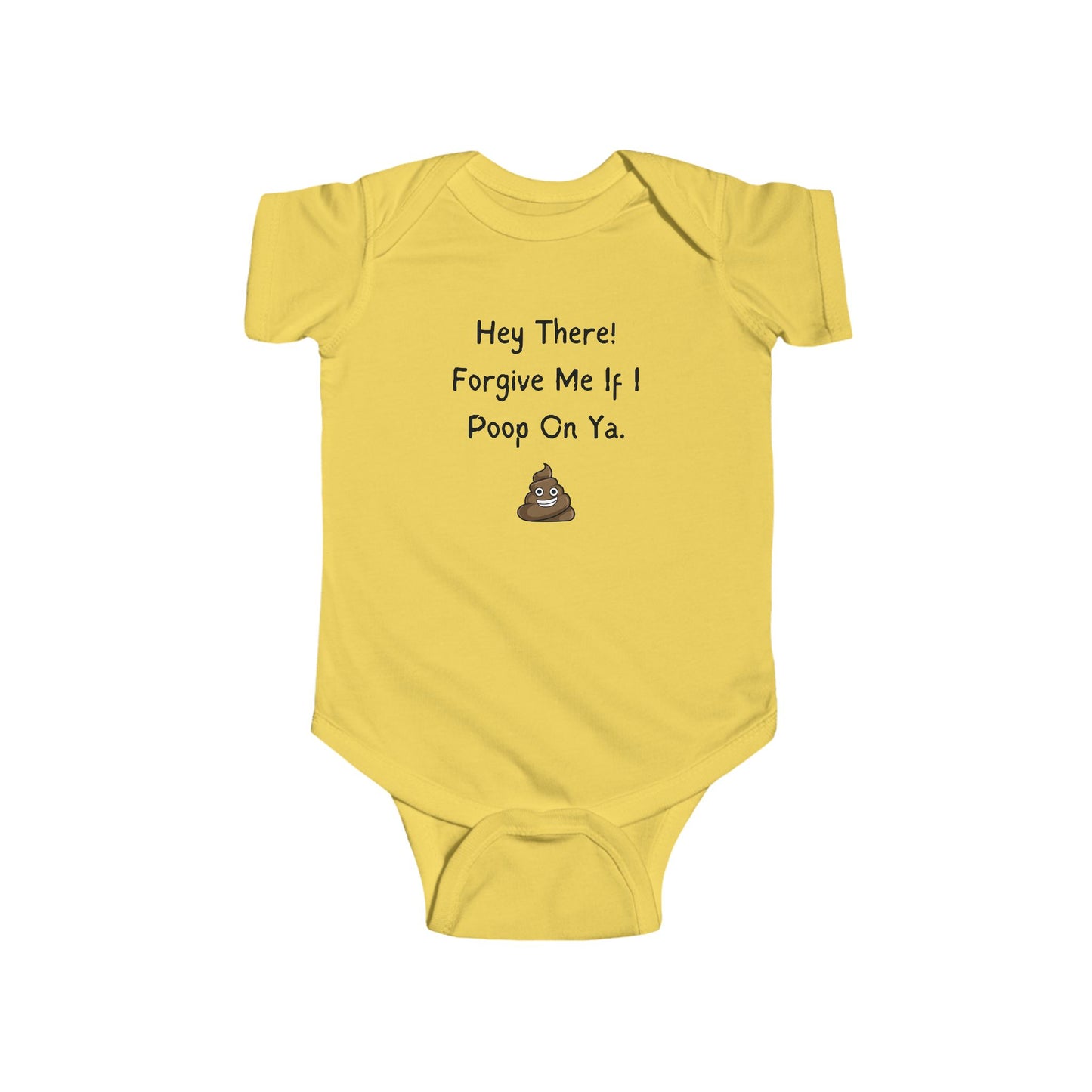 funny baby onesie that says forgive me if I poop on ya - baby bodysuit - funny baby clothes - yellow onesie - laughable-xpense.com