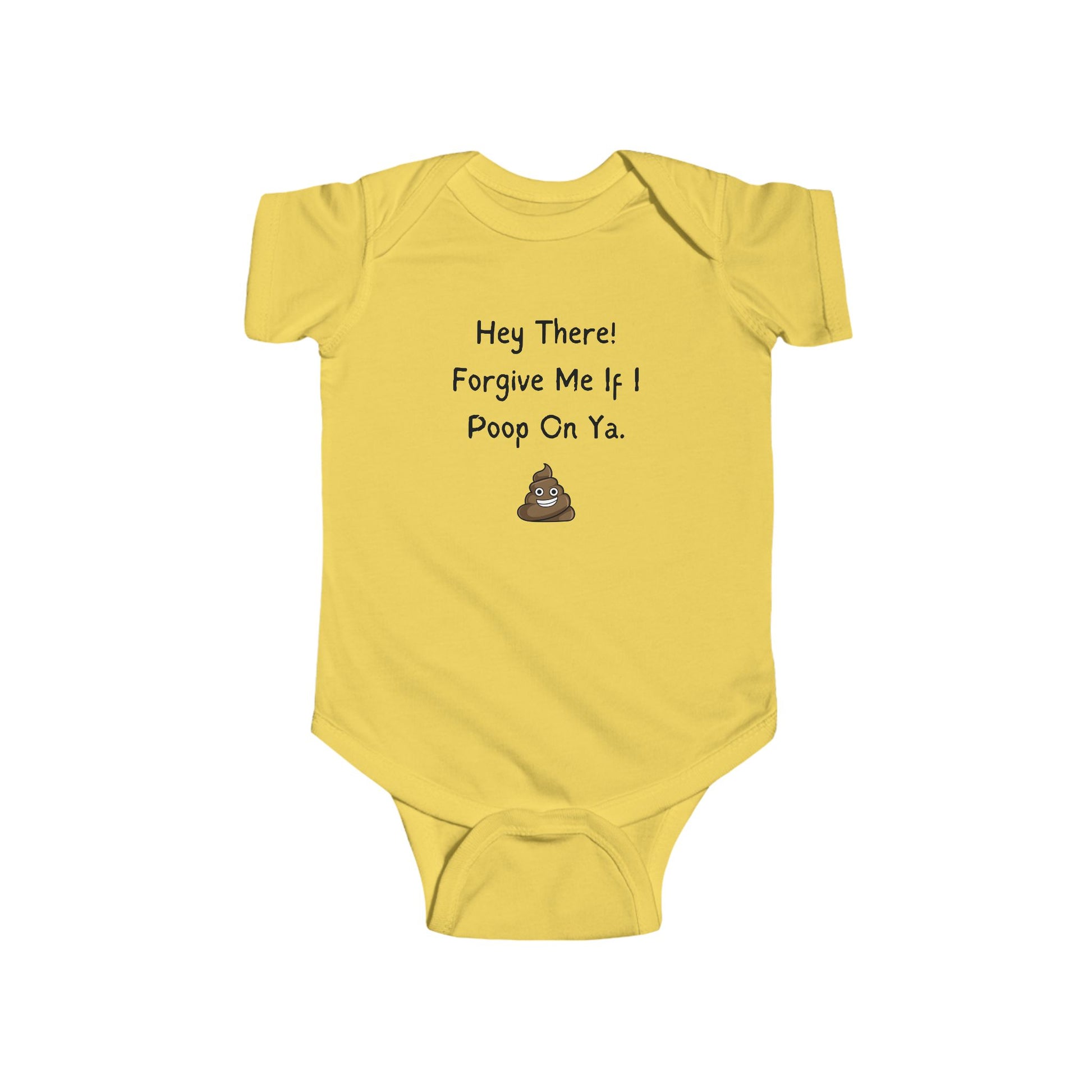 funny baby onesie that says forgive me if I poop on ya - baby bodysuit - funny baby clothes - yellow onesie - laughable-xpense.com